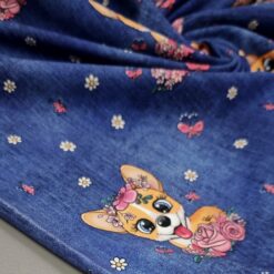 Bombažni otroški jersey - moder z ljubkimi kužki in rožicami