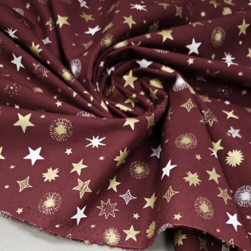 🎄 Svečani poplin - bordo z zlatimi zvezdami