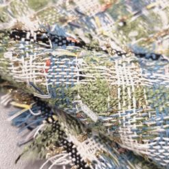 🌟 Modro-zelena bombažna boclé tkanina z zlatimi nitmi za jakne in suknjiče