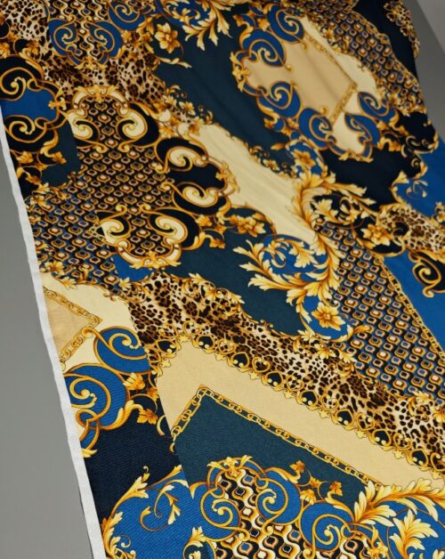 Jersey viskoza - Elastični baročni Leopard zlato-moder, Versace style
